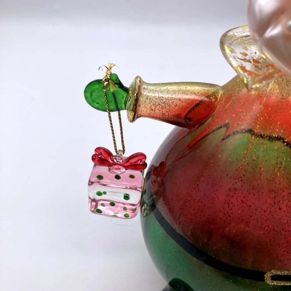 Vintage 1990's Hand Blown Glass Santa Figurine Pear Shaped Waving With Gift Fun